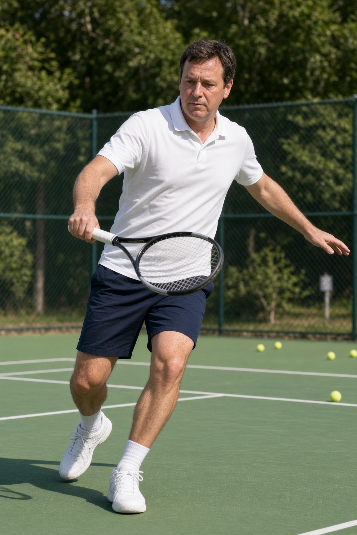 Tennis coach hitting a forehand on an outdoor court